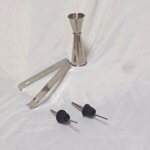 4 Piece Barware Set- 2 Pour Spouts, 1 Measuring Jigger .5 Oz To 2 Oz, 1 Tongs